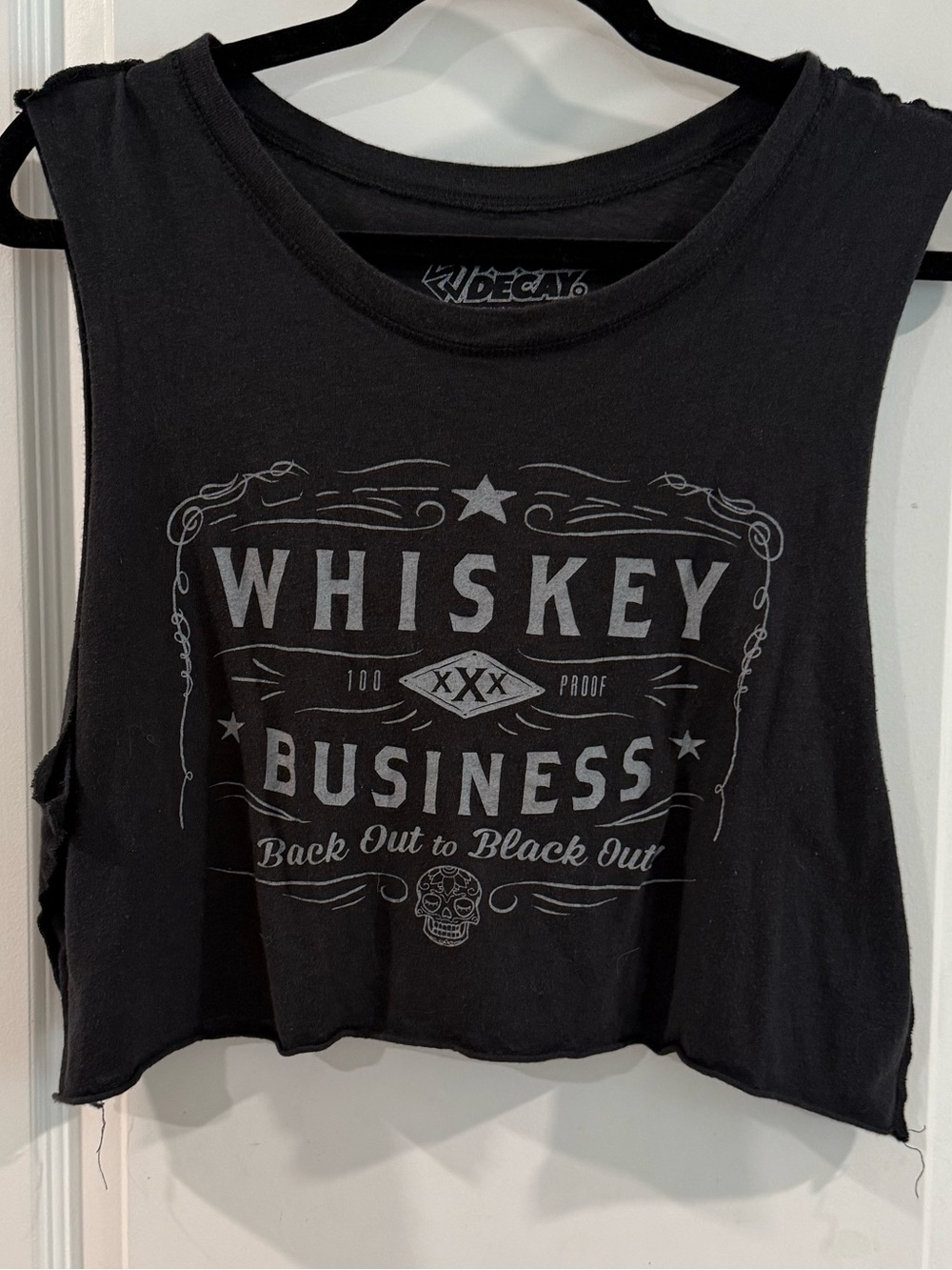 Social Decay Women’s Black Whiskey Business Graphic Crop Tank